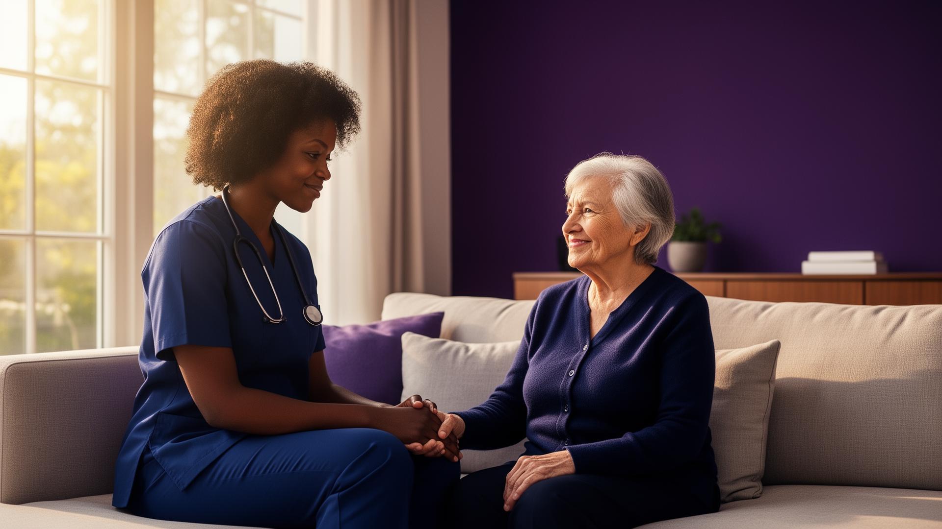 Caregiver and adult client walking together in a sunlit park